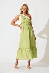 Green One Shoulder Maxi Dress with Stylish Trim
